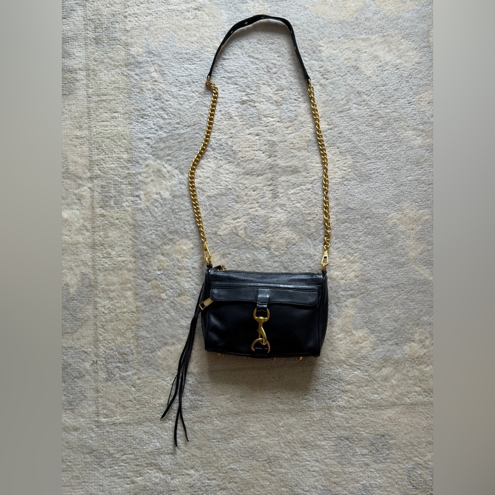 Rebecca Minkoff Black Leather Mini Mac Crossbody with Gold Chain
